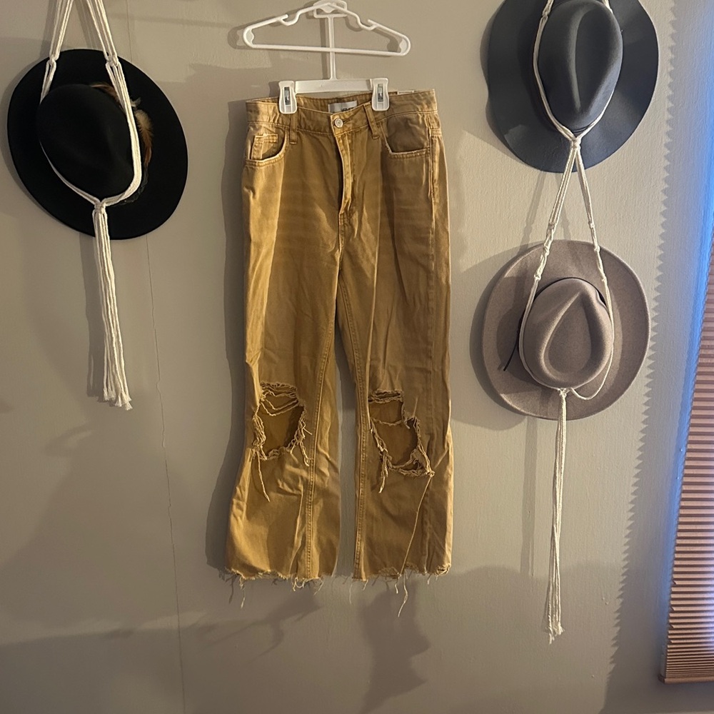 Wide Leg Distressed Jeans in Mustard Brown